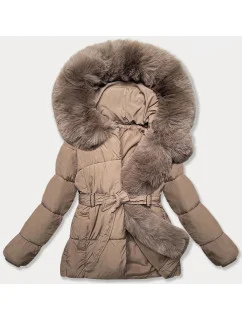 Tmavobéžová dámska prechodná bunda s opaskom J Style (16M9183-84)