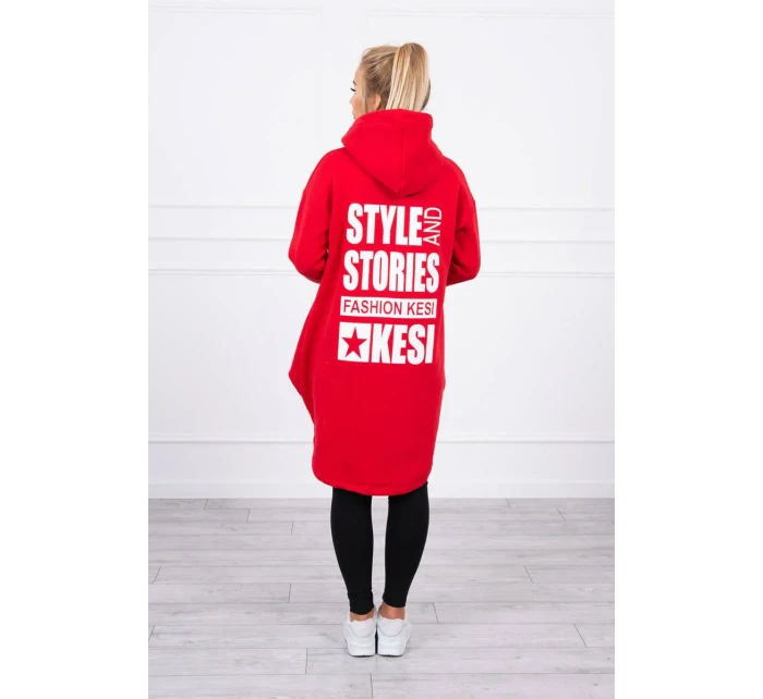 Zateplená mikina s dlhým chrbtom a kapucňou červená