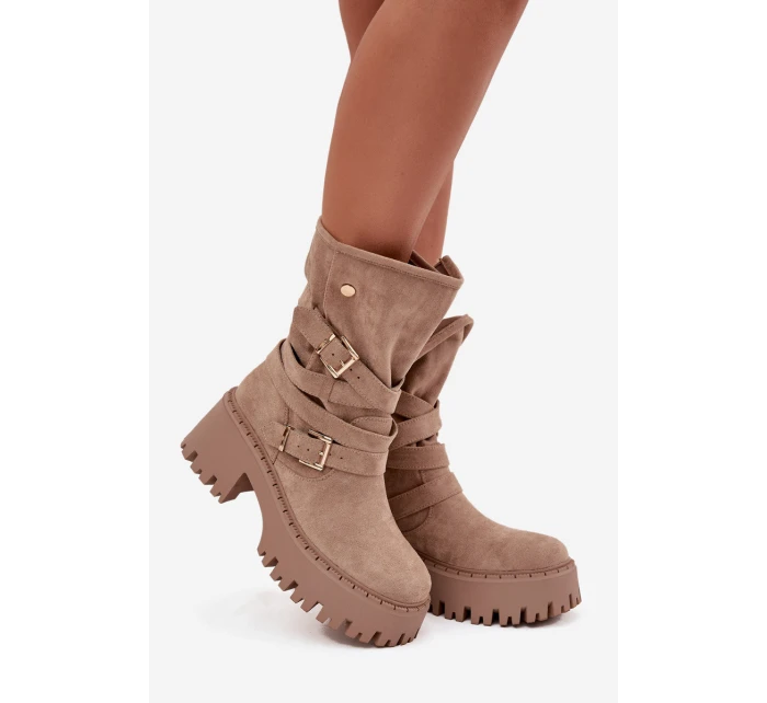 Botki Damskie Na Masywnym Obcasie Z Klamrami I Paskiem Beżowe Nerelisa Botki Damskie Na Masywnym Obcasie Z Klamrami I Paskiem Beżowe Nerelisa