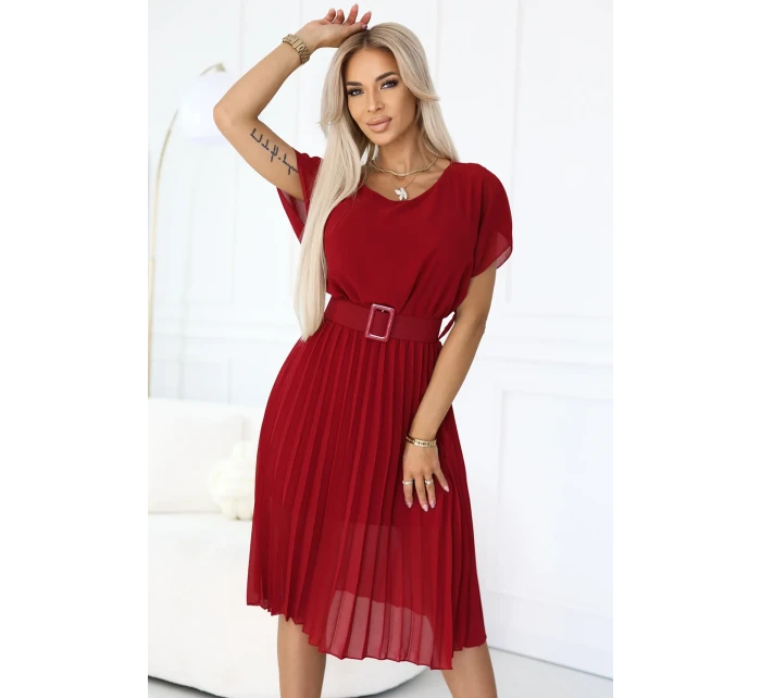465-5 MIA Plisované šifónové midi šaty so širokým opaskom - Bordeaux 465-5 MIA Plisované šifónové midi šaty so širokým opaskom - Bordeaux