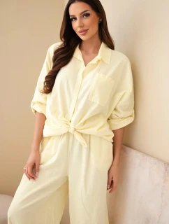 Dámský bavlněný komplet s model 22015466 košilí a širokými nohavicemi žlutý - K-Fashion