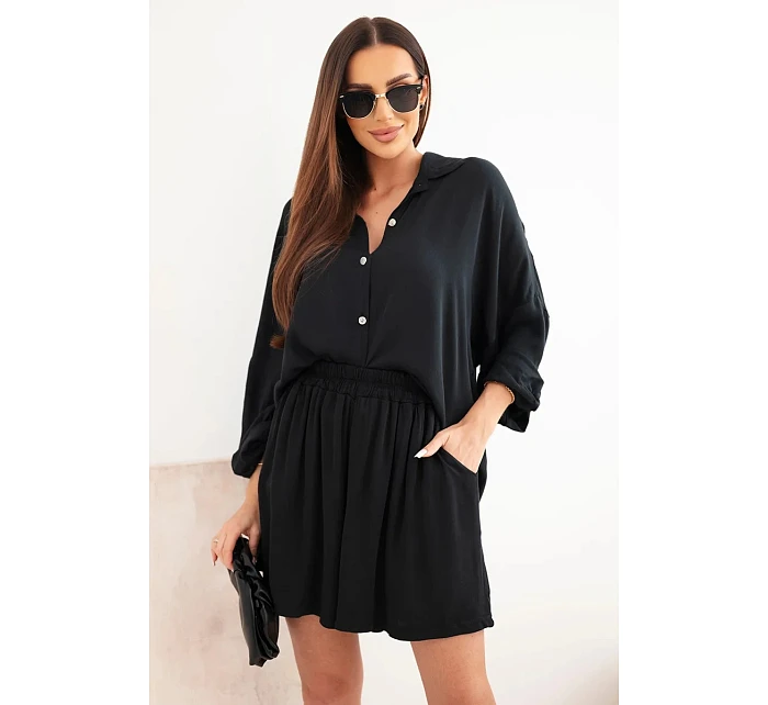 Dámska súprava z viskózy: košeľa s gombíkmi a voľné šortky čierna