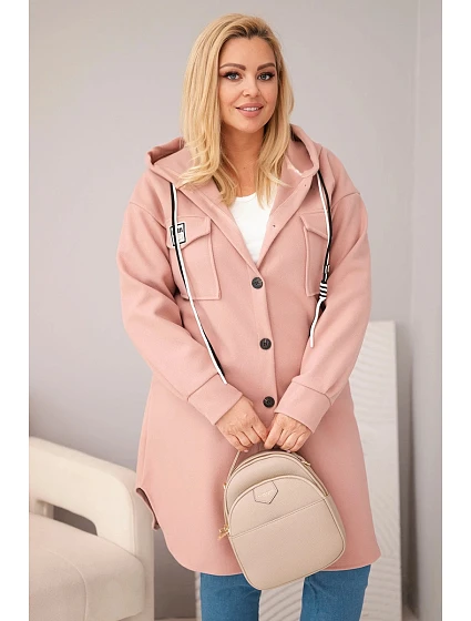 Dámský kabát plus size s kapucí model 22136647 na knoflíky tmavě růžový - K-Fashion