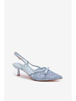 Dámské krajkové sandály na podpatku s mašlí Modré model 22107296 - Boto Dámské krajkové sandály na podpatku s mašlí Modré model 22107296 - Boto