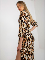 Béžovo-čierne midi šaty s leopardím vzorom a viazankou