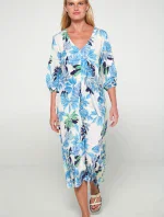 Dámske šaty 20417 Ecru s modrou a zelenou potlačou - Vamp