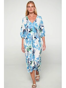 Dámske šaty 20417 Ecru s modrou a zelenou potlačou - Vamp