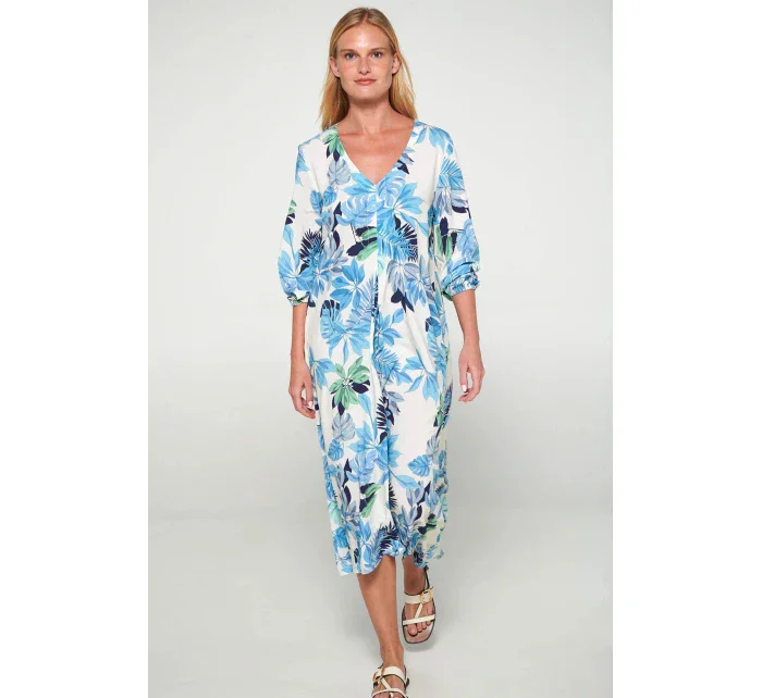 Dámske šaty 20417 Ecru s modrou a zelenou potlačou - Vamp Dámske šaty 20417 Ecru s modrou a zelenou potlačou - Vamp