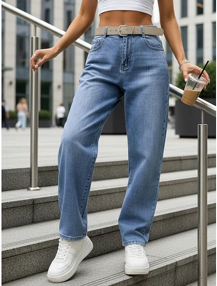 Dámske baggy modré džínsy s opaskom FashionStreet UY2945