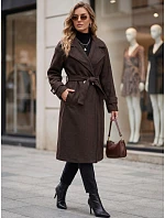 Dlouhý dámský kabát s vázáním v pase, čokoládová barva, FashionStreet NY0808 Dlouhý dámský kabát s vázáním v pase, čokoládová barva, FashionStreet NY0808