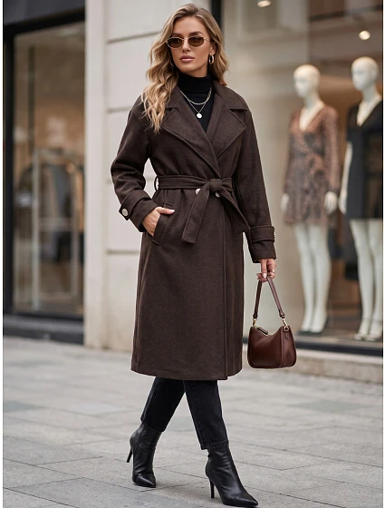 Dlouhý dámský kabát s vázáním v pase, čokoládová barva, FashionStreet NY0808 Dlouhý dámský kabát s vázáním v pase, čokoládová barva, FashionStreet NY0808