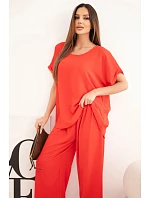 Dámský komplet Plus Size halenka a kalhoty s širokou nohavicí červený