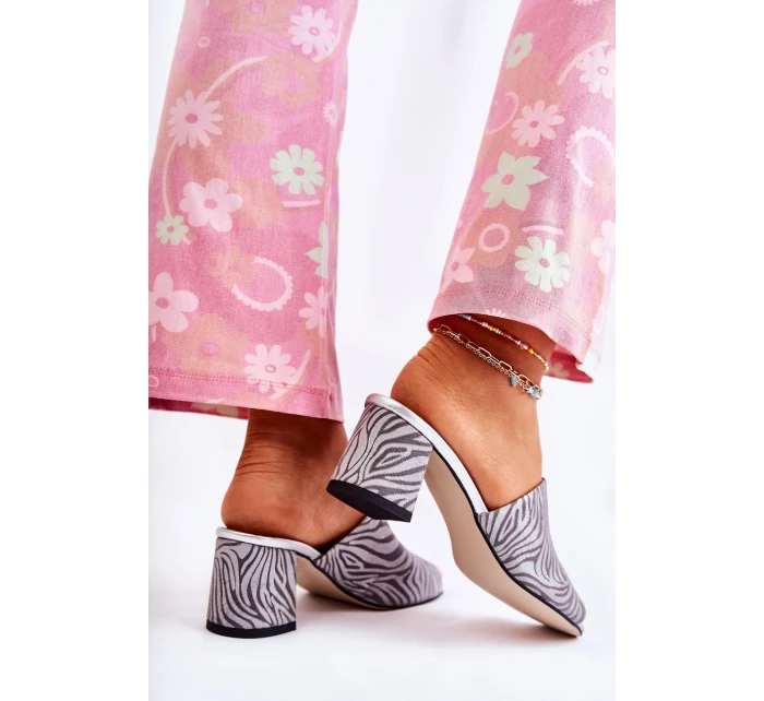 Skórzane Damskie Klapki Na Obcasie Zebra Szare Nessita