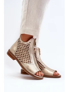 Zazoo 977/L Skórzane Ażurowe Sandały Na Zamek Złote