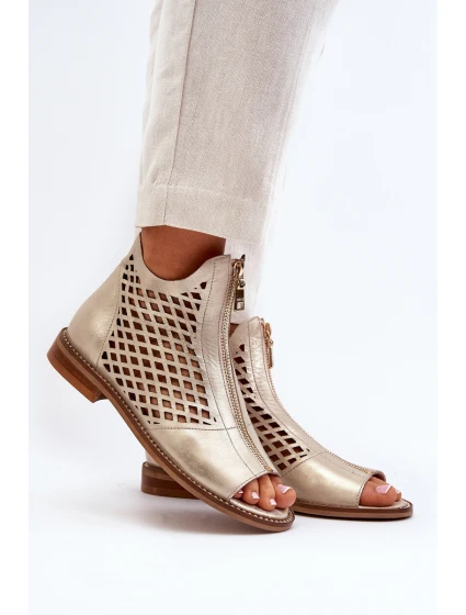 Zazoo 977/L Skórzane Ażurowe Sandały Na Zamek Złote