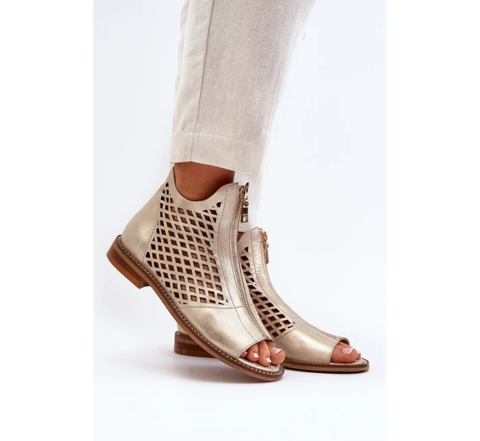 Zazoo 977/L Skórzane Ażurowe Sandały Na Zamek Złote