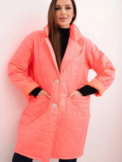 Dámská bunda Plus Size prošívaná s ozdobnými knoflíky a límcem neonově růžová