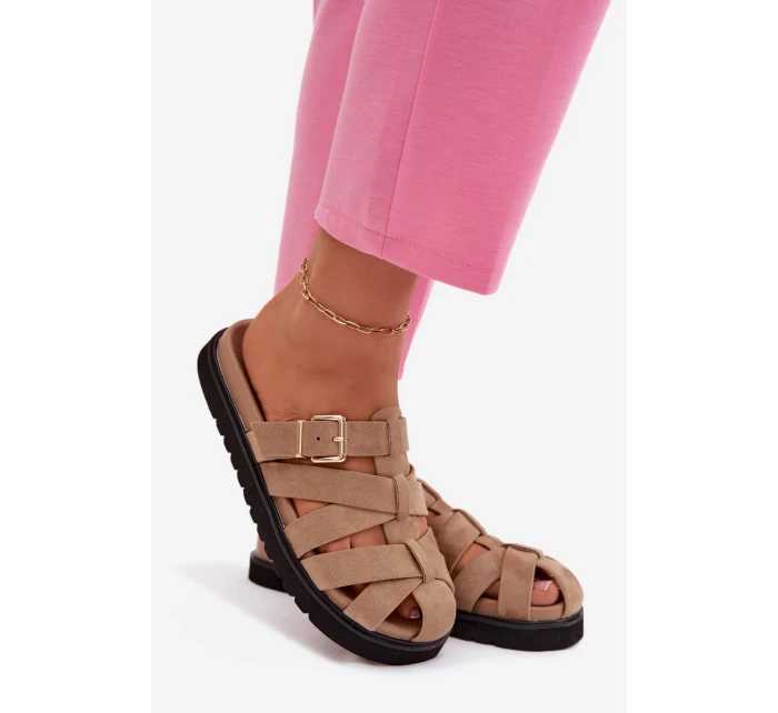 Dámské pantofle s pásky a zlatým sponou Tmavě béžové Roselisse