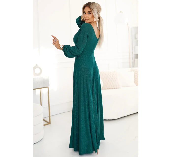 třpytivé dlouhé šaty s výstřihem, dlouhými rukávy a rozparkem na nohou  GREEN model 20997225 - numoco