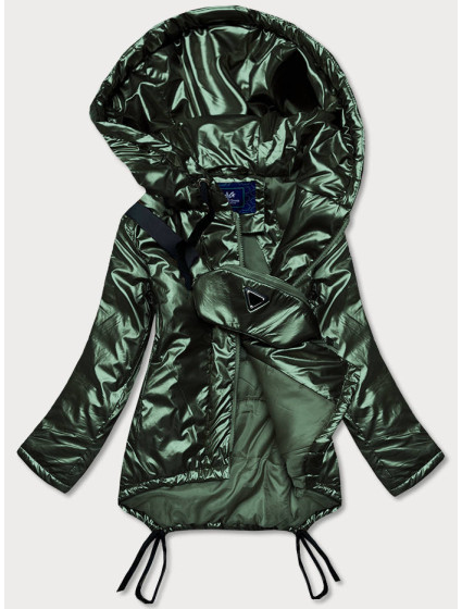 Krátka zelená dámska zimná bunda s ľadvinkou (OMDL-018)