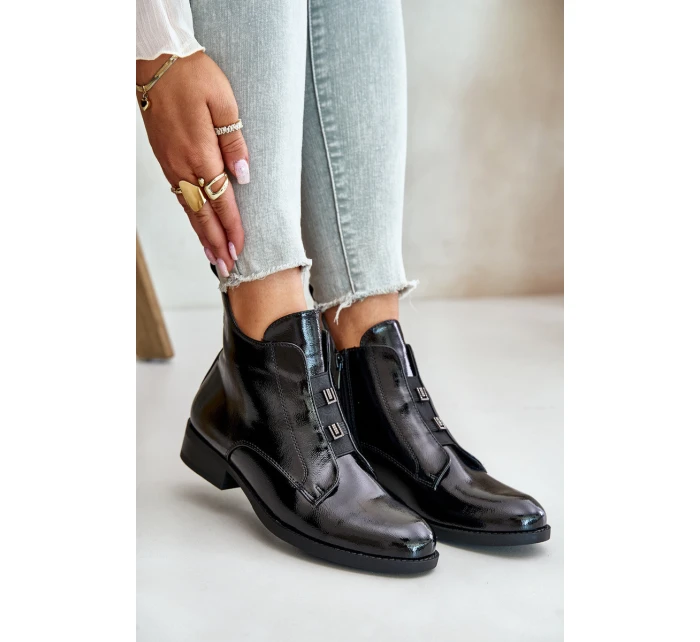 Lakierowane Botki Na Zamek Ocieplane Płaski Obcas S.Barski HY42-717 Czarne