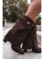Ocieplane Botki Damskie Na Słupku Z Ozdobnym Paskiem Czekoladowe Luvielle