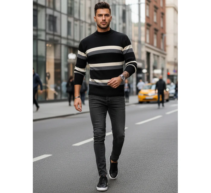 Pánsky pruhovaný sveter s polovičným rolákom čierny FashionStreet WX2127