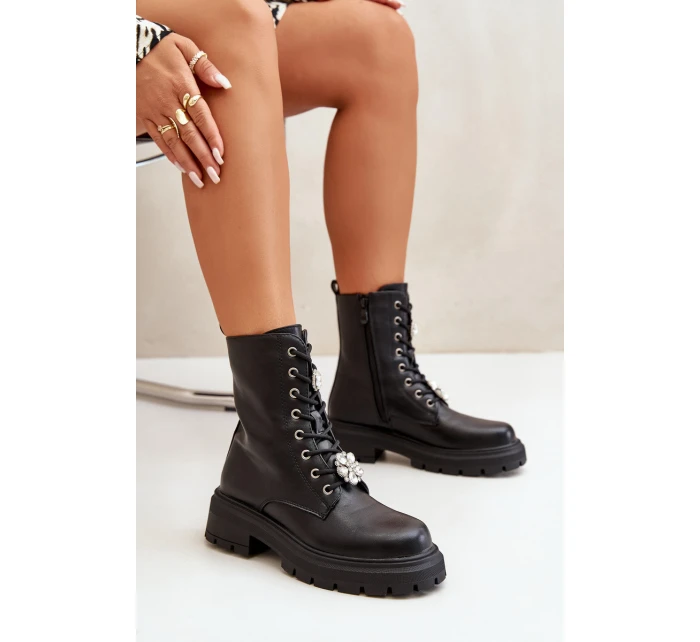 Botki Workery Damskie Eko Skórzane Z Przypinkami Czarne Kristines Botki Workery Damskie Eko Skórzane Z Przypinkami Czarne Kristines