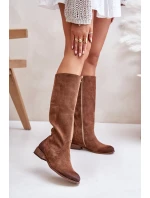 Zamszowe Kozaki Damskie Do Połowy Łydki Na Zamek Lewski 3616 Brązowe
