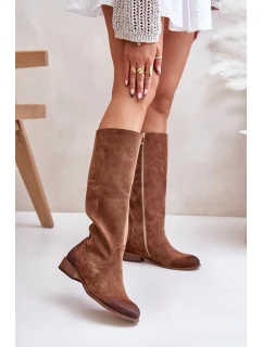 Zamszowe Kozaki Damskie Do Połowy Łydki Na Zamek Lewski 3616 Brązowe
