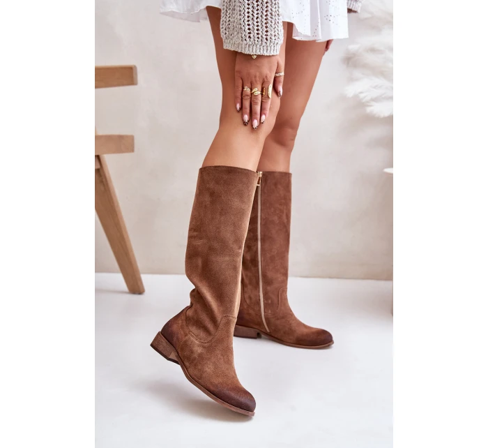 Zamszowe Kozaki Damskie Do Połowy Łydki Na Zamek Lewski 3616 Brązowe