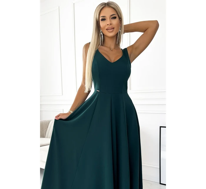 246-5 CINDY dlhé elegantné šaty s výstrihom - ZELENÉ