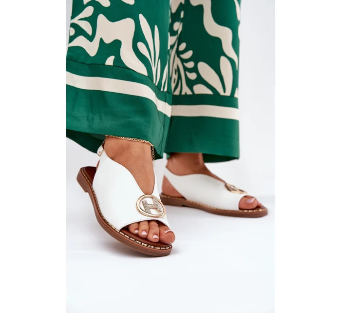 Płaskie Eleganckie Sandały Z Ozdobą Białe Iseliria