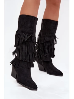 Brivina dámske zateplené kovbojské čižmy so strapcami - čierne