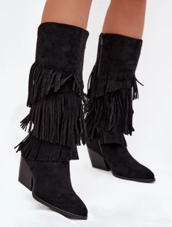 Brivina dámske zateplené kovbojské čižmy so strapcami - čierne