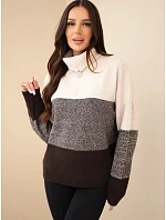 Svetr dámský s přídavkem model 22401379 s rolákem a zipem hnědý - K-Fashion Svetr dámský s přídavkem model 22401379 s rolákem a zipem hnědý - K-Fashion