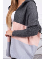 Trojfarebný sveter s kapucňou grafitová+púdrová ružová+sivá