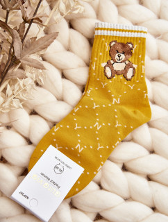 Vzorované dámske ponožky s medvedíkom, žlté