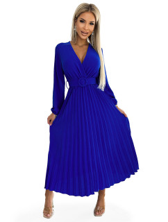 Plisované midi šaty s výstrihom, dlhými rukávmi a širokým opaskom Numoco VIVIANA - chrpová modrá
