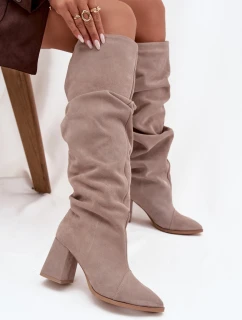 Dámske zateplené čižmy Zazoo na podpätku - béžové, pravý semiš