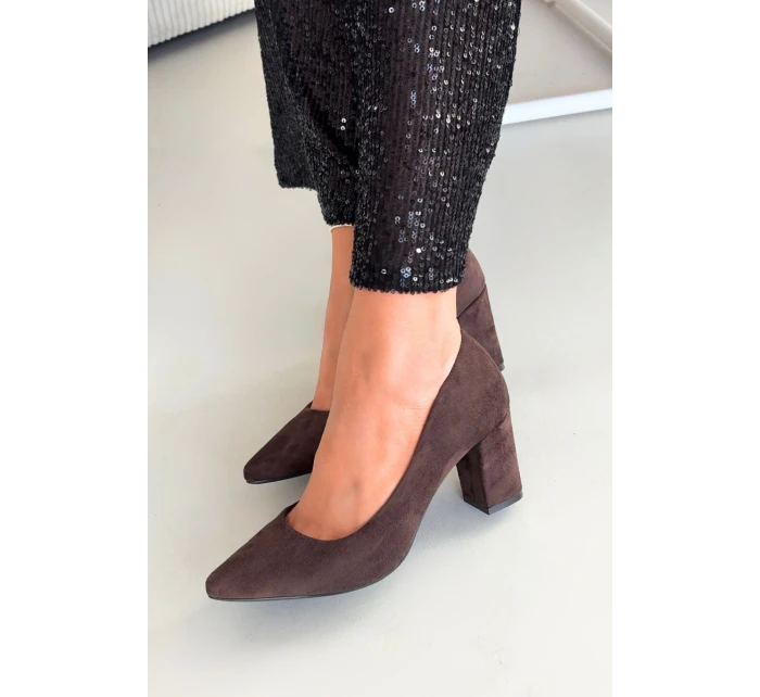 Dámske lodičky Sergio Leone z eko-semišu so stĺpcovým podpätkom - čokoládové