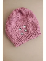 Dámska zimná vlnená čiapka s ozdobnými aplikáciami K468 tmavoružová