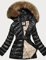 Lesklá zimná bunda cez medvedíka čierno-béžová (w674)