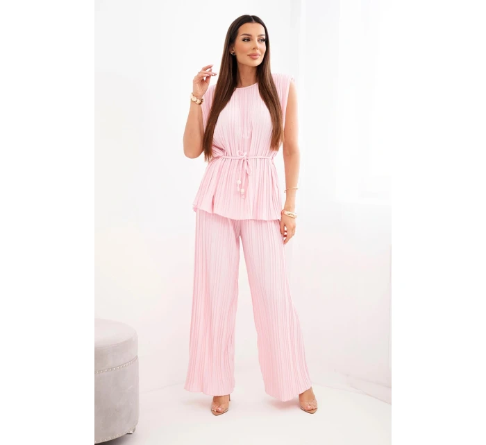Dámsky viskózový plisovaný komplet s viazanou blúzkou a širokými nohavicami candy pink