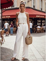 Dámske letné široké biele plátenné nohavice FashionStreet UY3080 Dámske letné široké biele plátenné nohavice FashionStreet UY3080