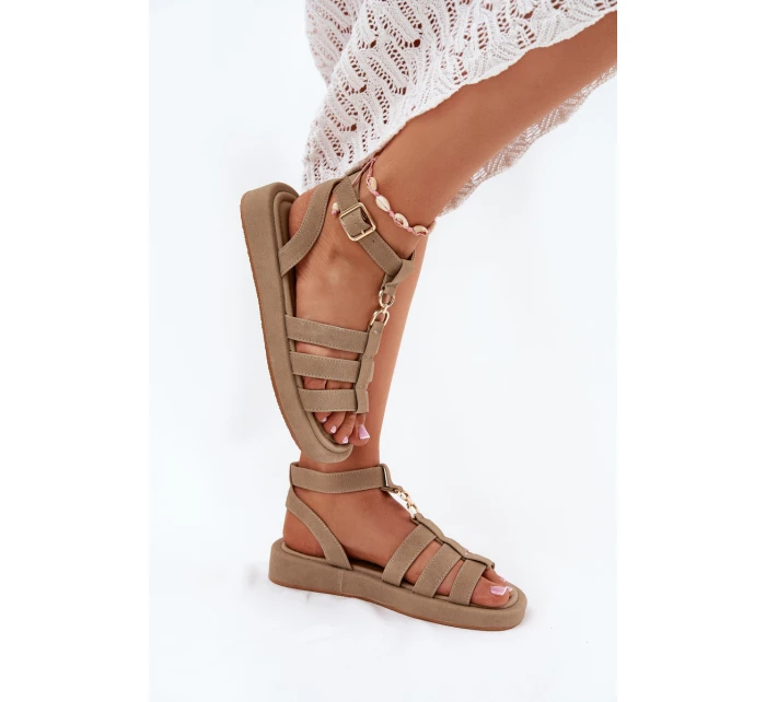 Sandały Damskie Na Platformie Ze Złotym Detalem Khaki Kartia Sandały Damskie Na Platformie Ze Złotym Detalem Khaki Kartia