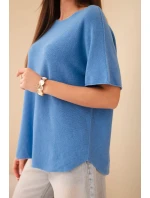 Dámsky sveter s krátkym rukávom voľného strihu modrý Dámsky sveter s krátkym rukávom voľného strihu modrý
