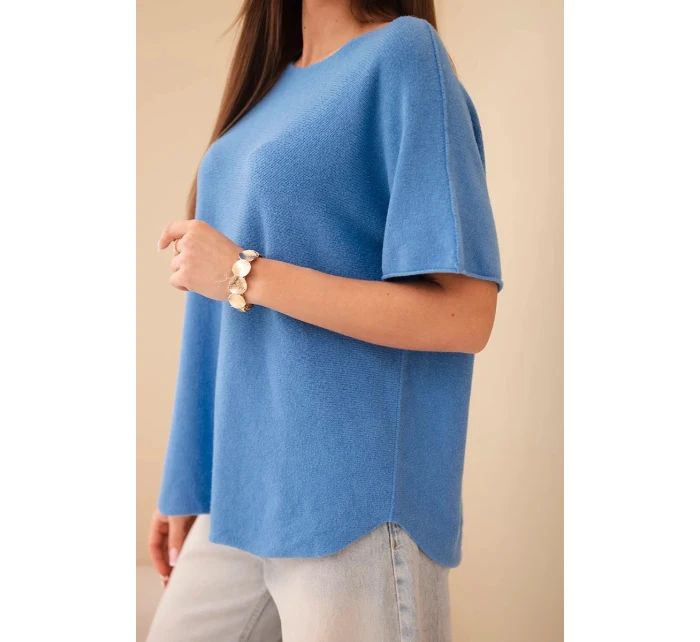Dámsky sveter s krátkym rukávom voľného strihu modrý Dámsky sveter s krátkym rukávom voľného strihu modrý