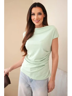 Dámska rebrovaná blúzka z viskózy s vodopádovým výstrihom a riasením tmavá mentolová