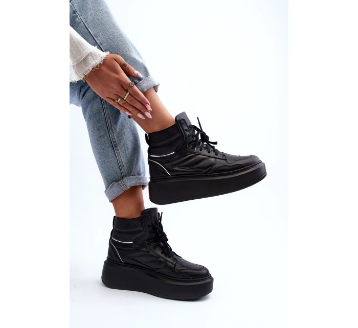 Zazoo 3392/X Damskie Skórzane Buty Sportowe Na Platformie Czarne